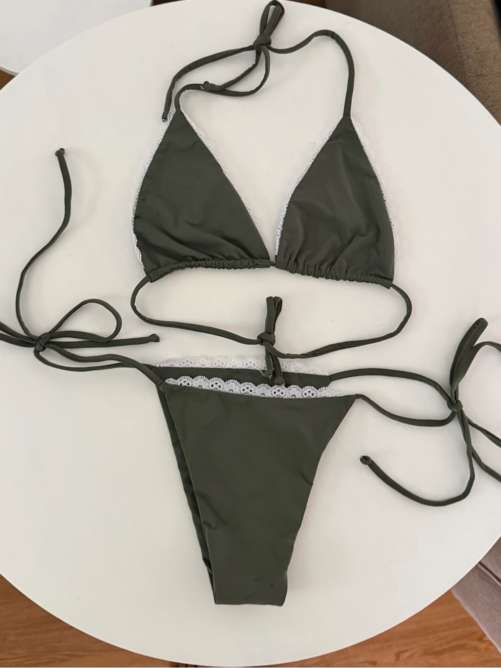 San Lorenzo Olive Green Lace-Trim Triangle Bikini Set - Small